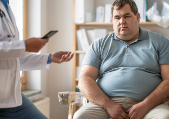 Homem com obesidade em consulta médica avaliando doenças associadas e indicação de cirurgia bariátrica
